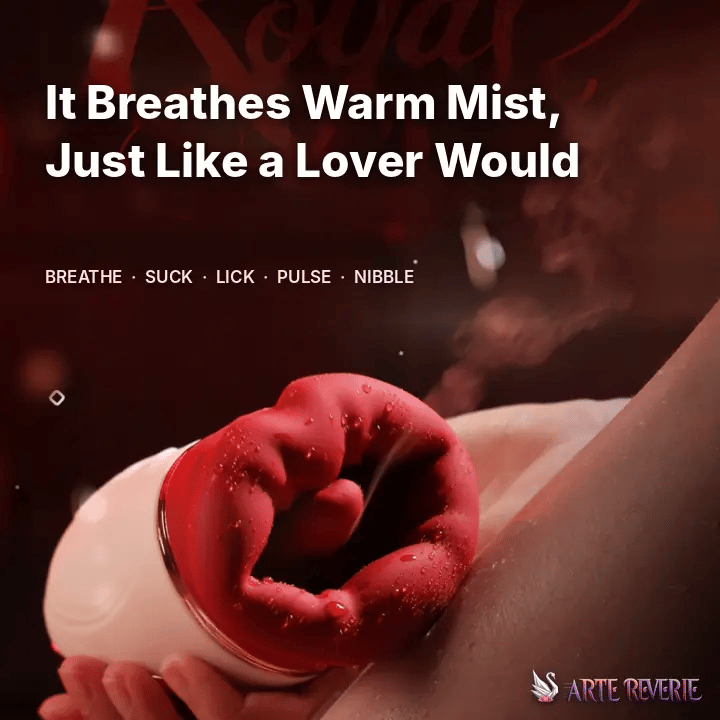 A red and white intimate massager being held against skin, with overlaid text reading 'It Breathes Warm Mist, Just Like a Lover Would' and smaller words 'BREATHE • SUCK • LICK • PULSE • NIBBLE.' A 'Arte Reverie' logo appears in the lower right. Massager breathing warm mist like a lover: breathe, suck, lick, pulse and nibble.