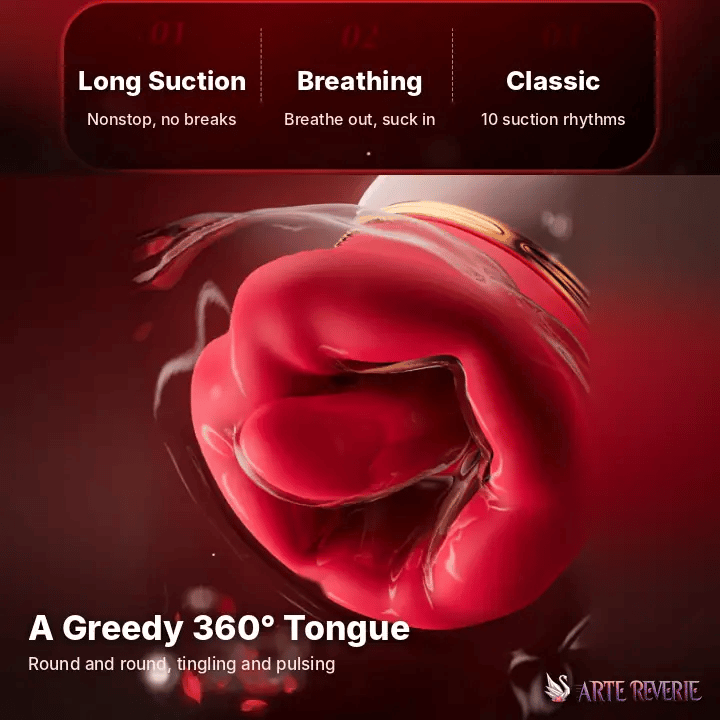 Promotional graphic for a product showing a glossy red rounded tongue-like mass with a gold ring detail, set against a dark red background with feature callouts: 360° licking tongue with long suction, breathing and classic modes
