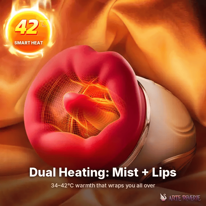 A close-up promotional render of a pink and white intimate massager with glowing orange heat effects and text reading '42°C SMART HEAT' and 'Dual Heating: Mist + Lips'. Dual heating of mist and lips, 34–42°C.