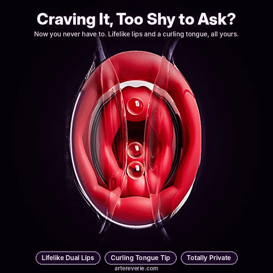 Lifelike dual lips and curling tongue tip of the suction licking massager, with the headline 'Craving It, Too Shy to Ask?' and feature labels 'Lifelike Dual Lips,' 'Curling Tongue Tip,' and 'Totally Private.'.