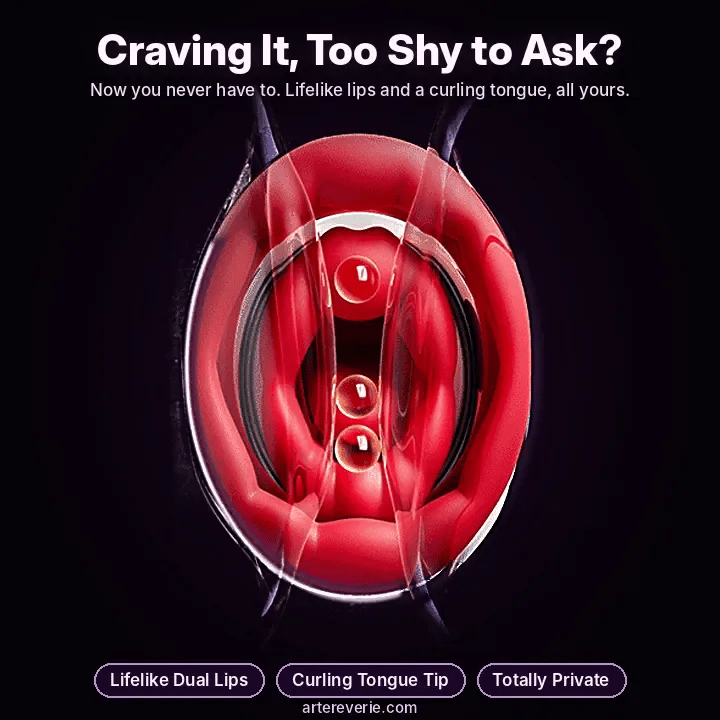 Lifelike dual lips and curling tongue tip of the suction licking massager, with the headline 'Craving It, Too Shy to Ask?' and feature labels 'Lifelike Dual Lips,' 'Curling Tongue Tip,' and 'Totally Private.'.