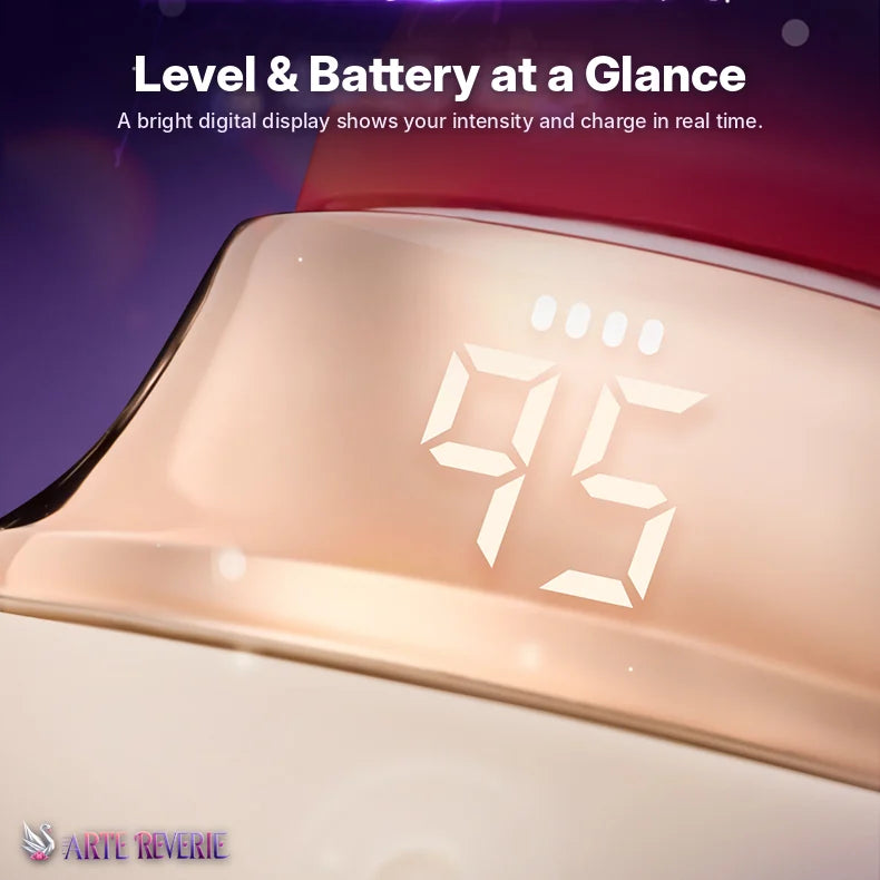 Dual-mouth suction and licking massager with digital display showing intensity level and battery