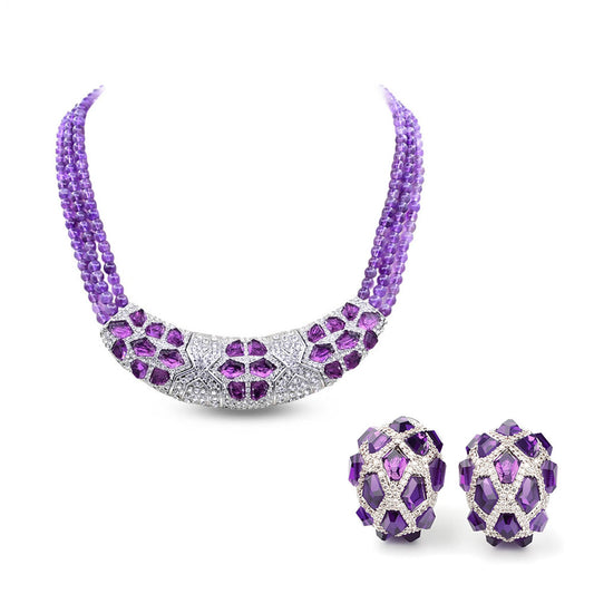 Purple Vintage Statement Beaded Silver Necklace & Earring Collection