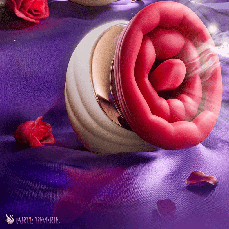 Dual-mouth suction and licking massager 7.0 with red lifelike lips and rose petals