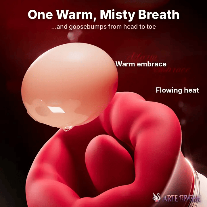 A glossy peach-colored teardrop-shaped bubble hovering above the massager with text reading 'One Warm, Misty Breath' and 'Warm embrace' and 'Flowing heat'. Warm, misty breath from the lifelike lips of the massager. 