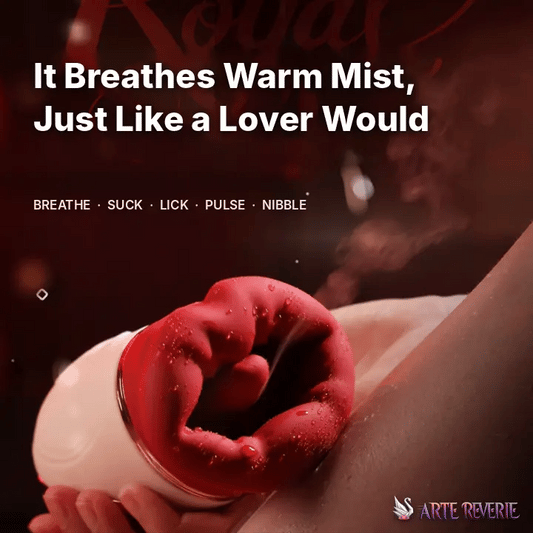 A red and white intimate massager being held against skin, with overlaid text reading 'It Breathes Warm Mist, Just Like a Lover Would' and smaller words 'BREATHE • SUCK • LICK • PULSE • NIBBLE.' A 'Arte Reverie' logo appears in the lower right. Massager breathing warm mist like a lover: breathe, suck, lick, pulse and nibble.