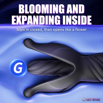 A black massager with the tip opened like a flower, with the text 'BLOOMING AND EXPANDING INSIDE' and 'Slips in closed, then opens like a flower.' Shown on a blue gradient background, with a blue circle containing a white 'G' and a small 'Arte Reverie' logo in the lower right.
