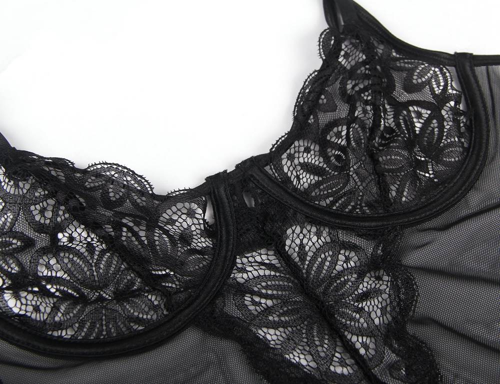 Plus Size | Black Boudoir Lace Babydoll | Floral Translucent Triangle Cups