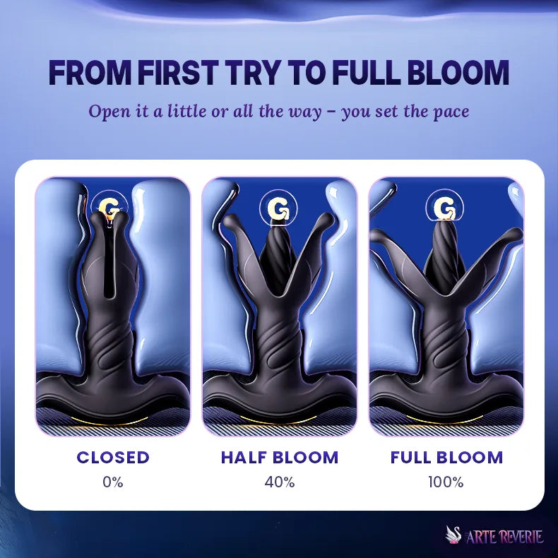 Massager by Arte Reverie, showing three stages from closed to full bloom: 'CLOSED 0%', 'HALF BLOOM 40%', and 'FULL BLOOM 100%'. The graphic features three panels displaying the black silicone toy against a blue gradient background, with explanatory text at the top and a brand logo at the bottom right. From first try to full bloom: closed, half bloom and full bloom, so you set the pace.