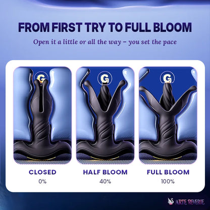 Massager by Arte Reverie, showing three stages from closed to full bloom: 'CLOSED 0%', 'HALF BLOOM 40%', and 'FULL BLOOM 100%'. The graphic features three panels displaying the black silicone toy against a blue gradient background, with explanatory text at the top and a brand logo at the bottom right. From first try to full bloom: closed, half bloom and full bloom, so you set the pace.