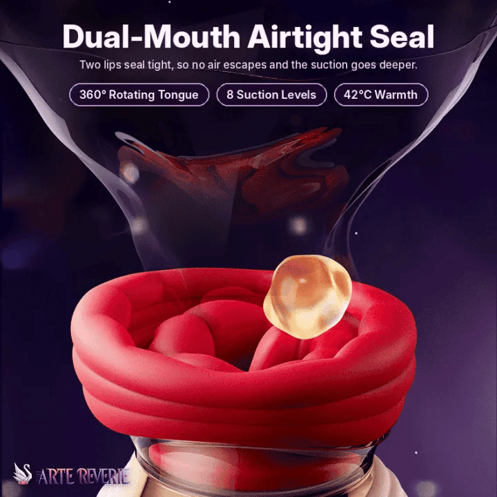 Dual-mouth airtight seal with 360° rotating tongue, 8 suction levels and 42°C warmth