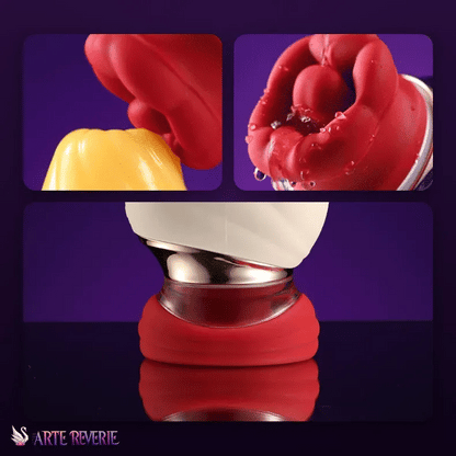 An adult novelty product shown in a three-panel collage on a purple background. The bottom panel shows the main product: a red silicone suction-style toy with a white top section and metallic collar, resting on a reflective dark surface. Close-up details of the lifelike lips, licking tongue and rose-gold base