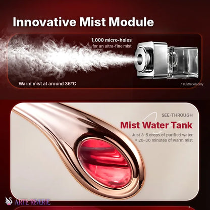 'Innovative Mist Module' and 'Mist Water Tank'. The top section shows a silver metallic device emitting white mist, mist module with 1,000 micro-holes and see-through mist water tank; while the bottom section shows a rose gold part of the massager body with a red-tinted see-through mist tank.