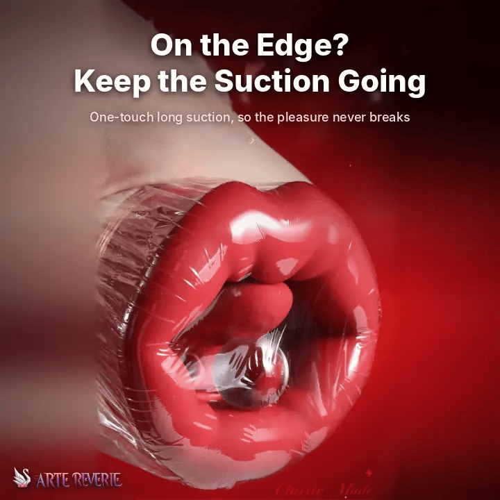 A close-up of glossy red suction cup lips wrapped in clear plastic, with promotional text reading 'On the Edge? Keep the Suction Going' and the brand name Arte Reverie in the lower left. One-touch long suction that keeps going without breaks.