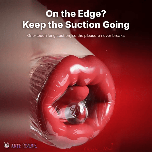 A close-up of glossy red suction cup lips wrapped in clear plastic, with promotional text reading 'On the Edge? Keep the Suction Going' and the brand name Arte Reverie in the lower left. One-touch long suction that keeps going without breaks.