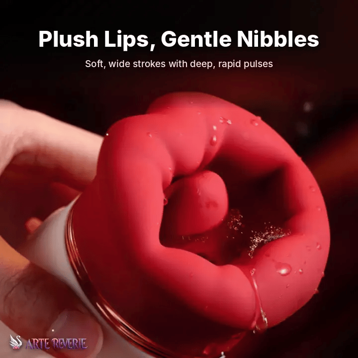 A close-up of a red silicone intimate massager being held by a hand, with white text at the top reading 'Plush Lips, Gentle Nibbles' and a small 'Arte Reverie' logo at the bottom left. Soft, thick silicone lips with gentle nibbling and deep vibration.