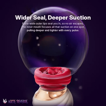 A suction toy and a large clear bubble on a dark purple background. White text reads 'Wider Seal, Deeper Suction' with smaller explanatory copy, and the brand name 'ARTE REVERIE' appears in the lower left. Extra-wide outer lips seal in for deeper, tighter suction