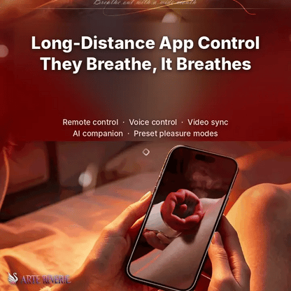 A person holds a smartphone showing a red intimate wellness app screen in a dimly lit bedroom setting. Large text at the top reads 'Long-Distance App Control; They Breathe, It Breathes' with smaller feature text including remote control, voice control, video sync, AI companion, and preset pleasure modes. Long-distance app control with voice control, video sync and AI modes