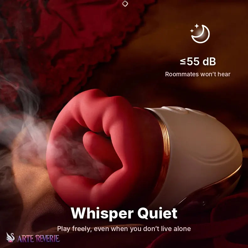 A close-up promotional photo of a small intimate massager with a pink silicone sleeve and a white base accented by gold trim, set against a dark red and brown background with mist and lingerie. Text overlays read 'Whisper Quiet', '≤55 dB', and 'Roommates won't hear', with the brand name 'ARTE REVERIE' in the lower left. Whisper-quiet massager at 55 dB or less.