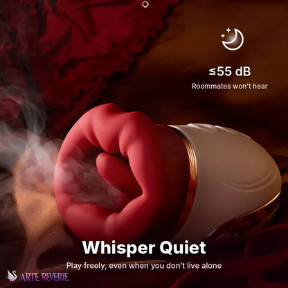 A close-up promotional photo of a small intimate massager with a pink silicone sleeve and a white base accented by gold trim, set against a dark red and brown background with mist and lingerie. Text overlays read 'Whisper Quiet', '≤55 dB', and 'Roommates won't hear', with the brand name 'ARTE REVERIE' in the lower left. Whisper-quiet massager at 55 dB or less.