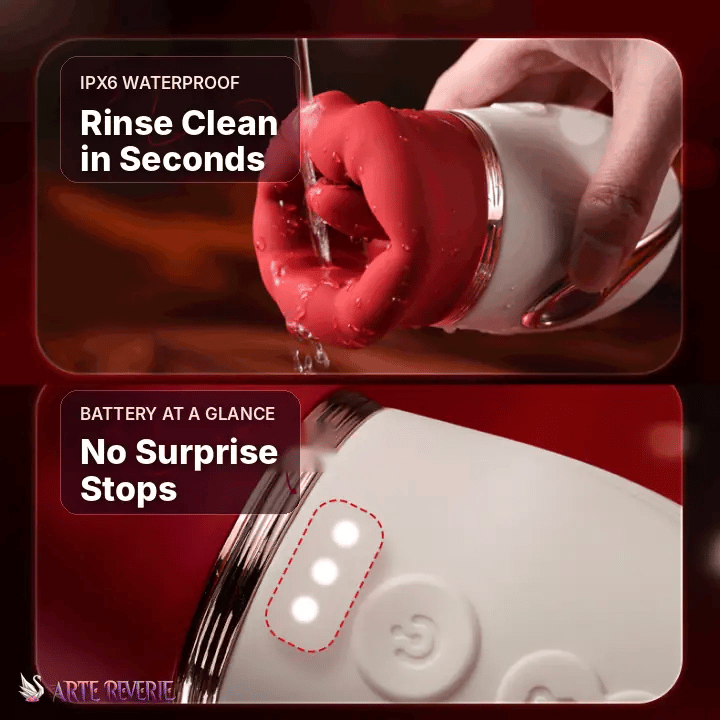 A promotional composite for a white personal massager with a metallic rose-gold collar. The top panel shows a hand holding the device under running water, with text reading 'IPX6 WATERPROOF Rinse Clean in Seconds. IPX6 splash-proof, rinse clean, with battery indicator lights.