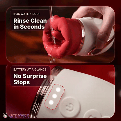 A promotional composite for a white personal massager with a metallic rose-gold collar. The top panel shows a hand holding the device under running water, with text reading 'IPX6 WATERPROOF Rinse Clean in Seconds. IPX6 splash-proof, rinse clean, with battery indicator lights.