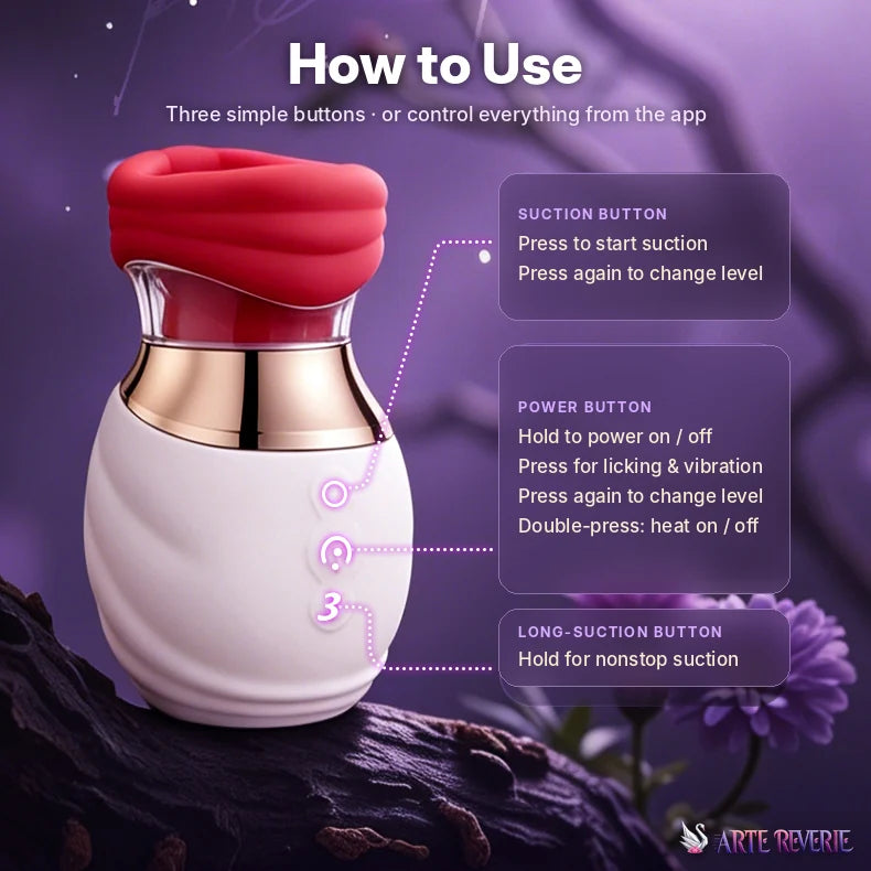 An instructional graphic titled 'How to Use' showing a handheld intimate massager on a dark textured surface against a purple background. The device has a white lower body, a metallic rose-gold middle section, and a red suction head.
How to use the suction licking massager: suction, power and long-suction buttons