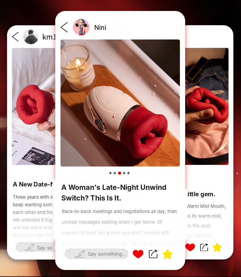 Promotional graphic for a red and beige intimate massager, showing three smartphone screens with positive user reviews and photos of the product in use, set against a dark red background with white text.