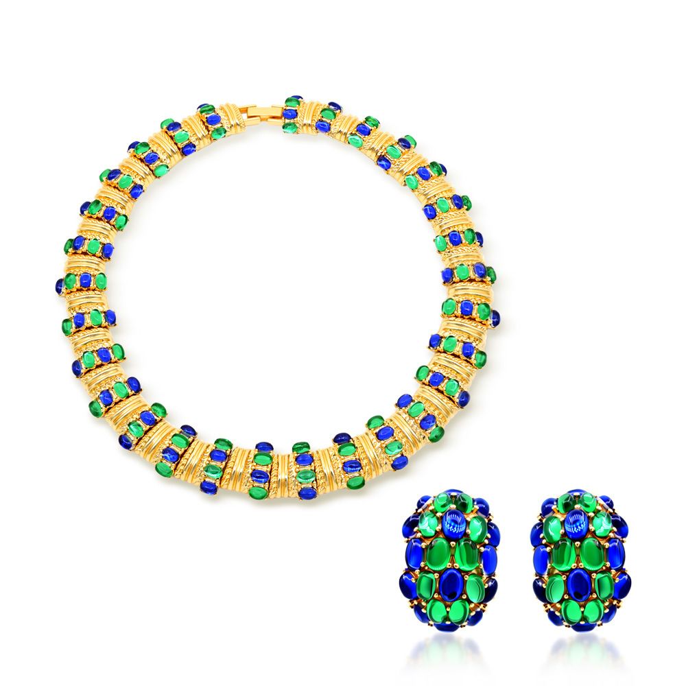 Blue & Green Cabochon | Luxury Heavy Geometric Vintage Statement Jewelry