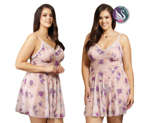 Plus Size Fuchsia Floral Lace Trim Babydoll | Breathable & Flirty Lingerie with Matching G-String
