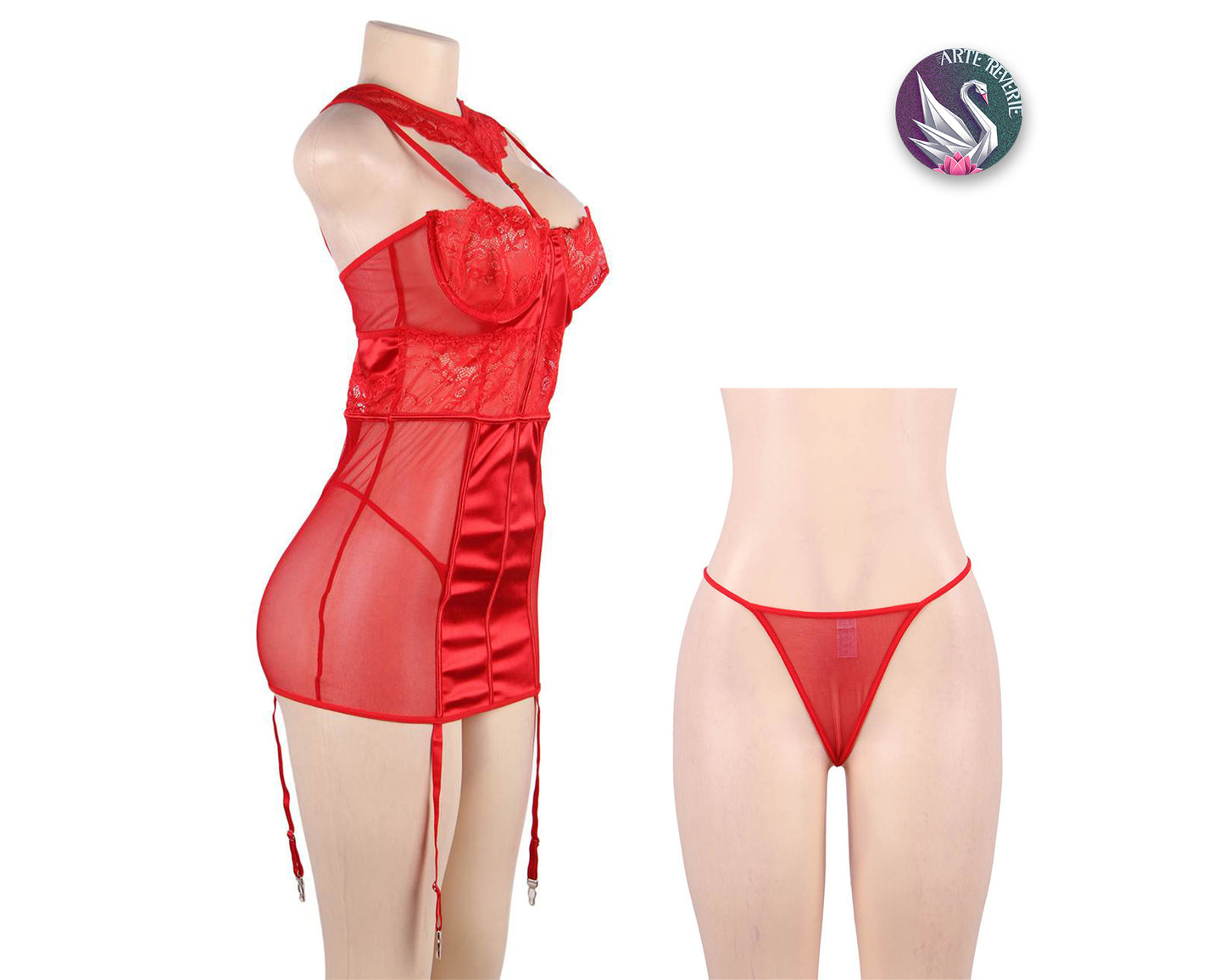 Plus Size Red Satin & Lace Chemise with Supportive Steel Ring