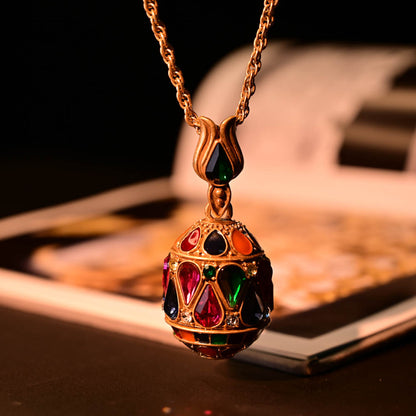 Ornate Vintage Enamel Jeweled Egg Necklace – 18K Gold Plated