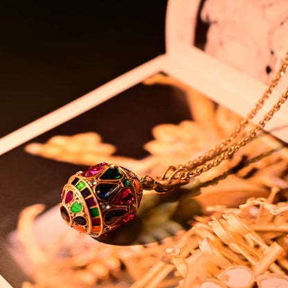 Ornate Vintage Enamel Jeweled Egg Necklace – 18K Gold Plated