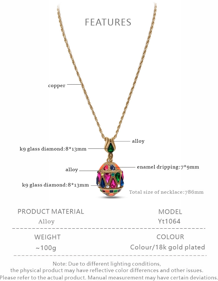 Ornate Vintage Enamel Jeweled Egg Necklace – 18K Gold Plated