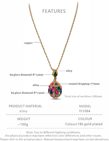 Ornate Vintage Enamel Jeweled Egg Necklace – 18K Gold Plated