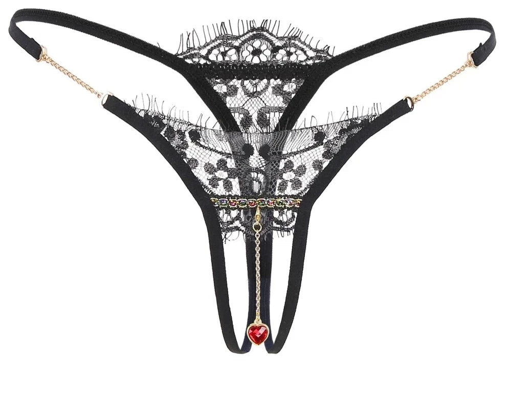 Pearl Pendant Lace Thong - Crotchless Lingerie for Women