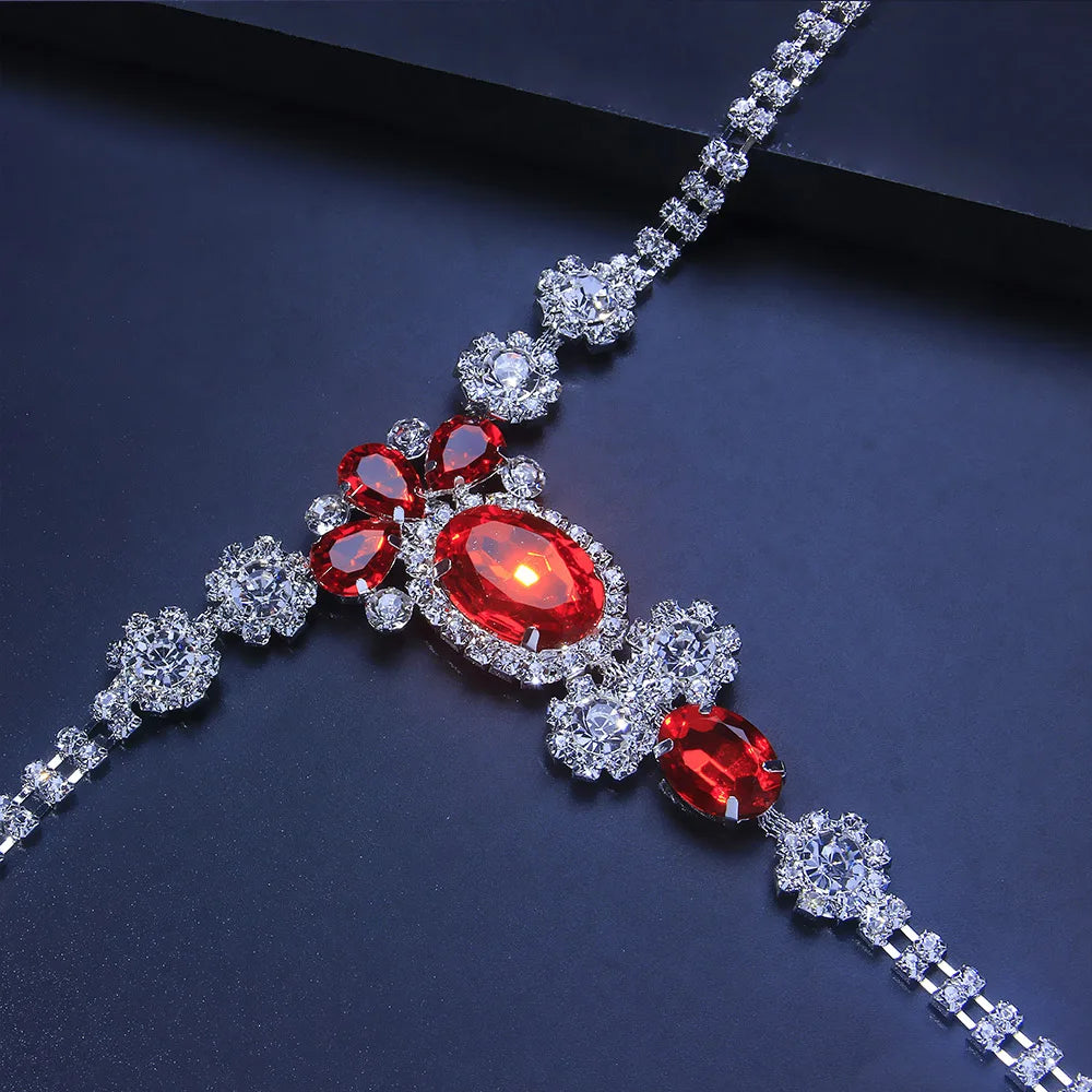 Red Crystal Thong - Elegant Silver Rhinestone Waist Chain