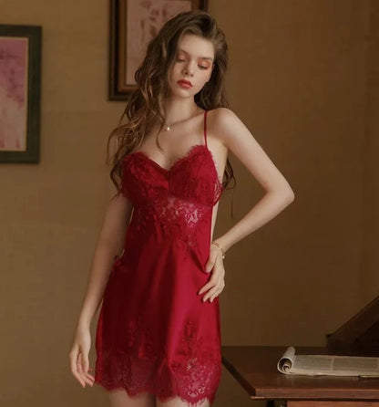 Lace Sling Nightdress - Elegant Silk Sleepwear for Women