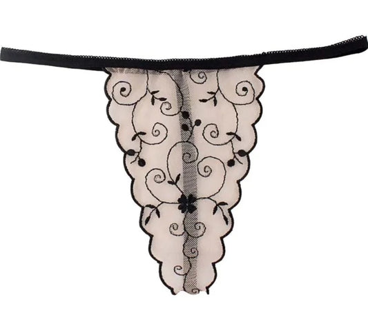 Embroidered Lace Floral G-String - Mesh Thong for Women