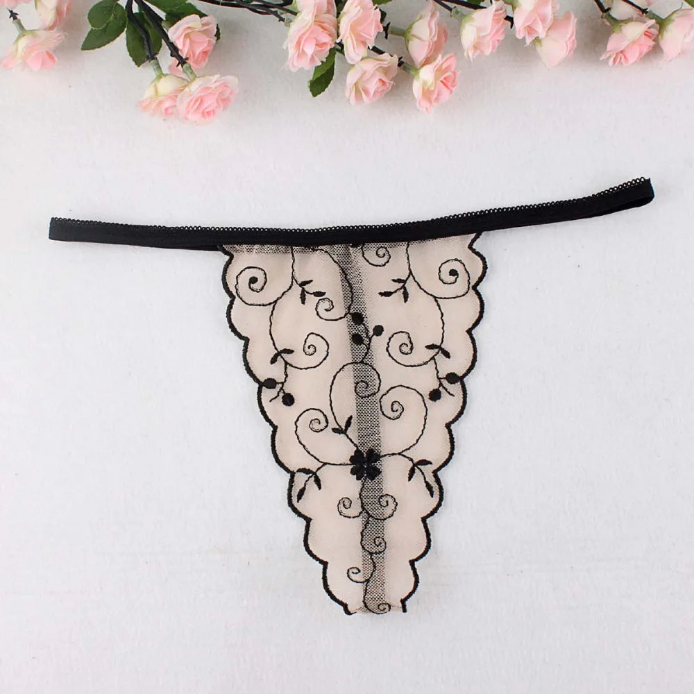 Embroidered Lace Floral G-String - Mesh Thong for Women