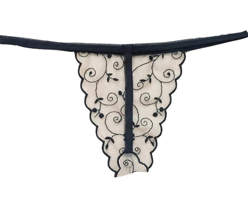 Embroidered Lace Floral G-String - Mesh Thong for Women