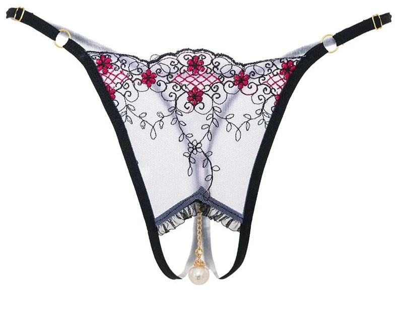 Pearl Pendant Lace Thong - Crotchless Lingerie for Women