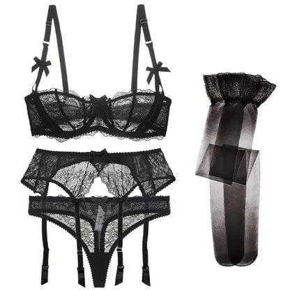 Set di lingerie seducente in 4 pezzi con fantasia in pizzo