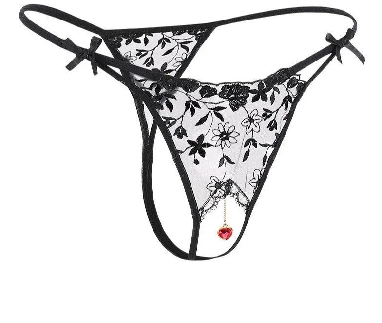 Spitzen-Tanga mit Perlenanhänger – Ouvert-Dessous für Frauen