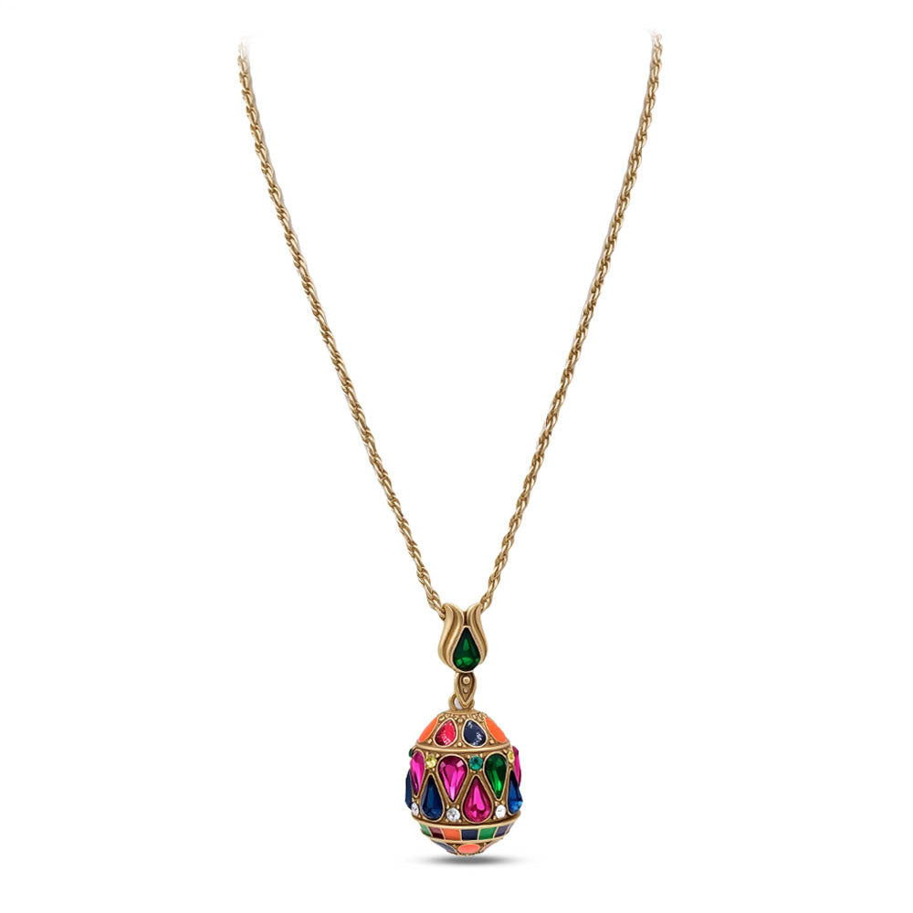 Ornate Vintage Enamel Jeweled Egg Necklace – 18K Gold Plated