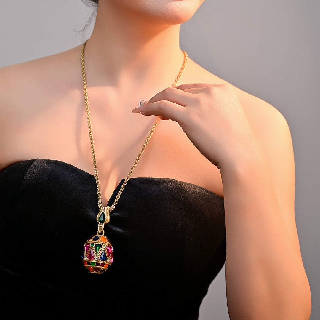 Ornate Vintage Enamel Jeweled Egg Necklace – 18K Gold Plated