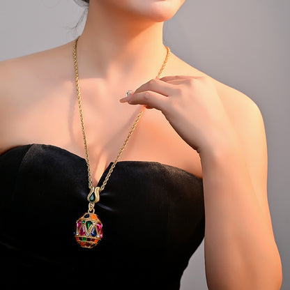 Ornate Vintage Enamel Jeweled Egg Necklace – 18K Gold Plated