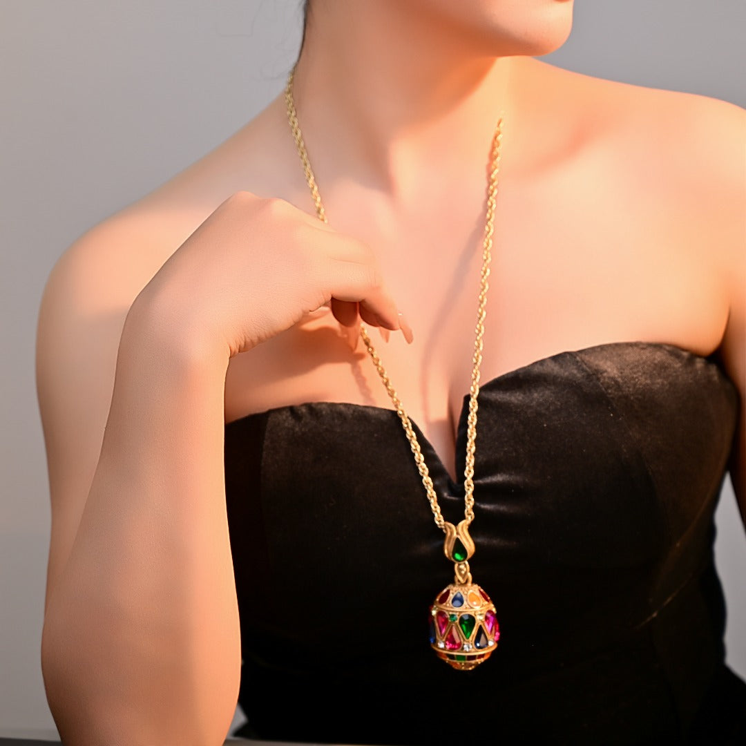 Ornate Vintage Enamel Jeweled Egg Necklace – 18K Gold Plated