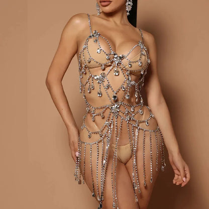 Crystal Body Chain - Cascading Rhinestone Fringe Bikini Harness