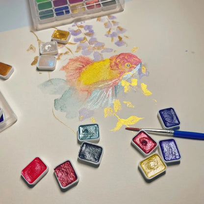 Aquarell-Sets mit Metallic- und Perlglanzeffekten – warme/kühle Töne